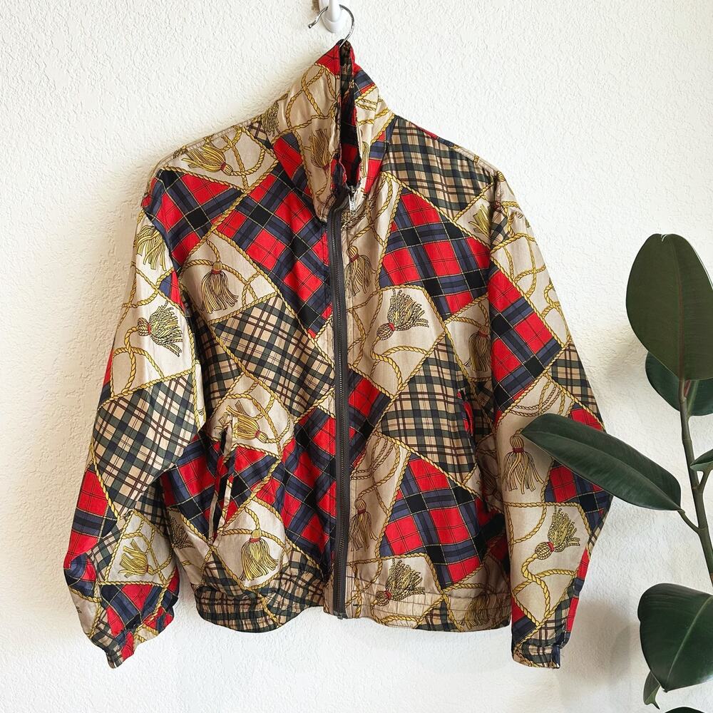 VTG Stunt Sports Silk Bomber Jacket (Small P) Equestrian Print Old Money Preppy